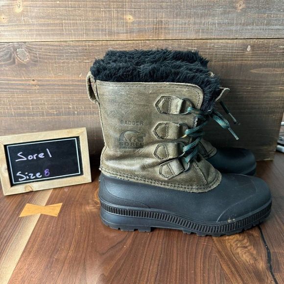 Vintage Womens Sorel Badger Canada Green‎ Leather Winter Snow Boots Size 8 M GUC - Picture 1 of 6